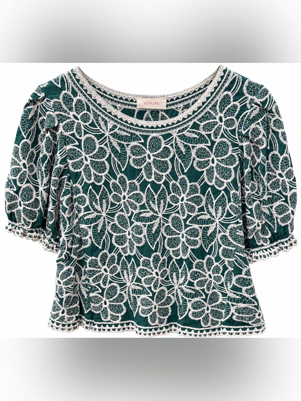 Solitaire Emerald Green Floral Lace Overlay Puff Sleeve Crop Blouse Top